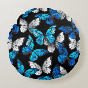 Dark Seamless Pattern with Blue Butterflies Morpho Round Pillow
