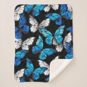 Dark Seamless Pattern with Blue Butterflies Morpho Sherpa Blanket