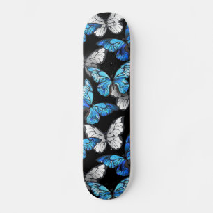 Dark Seamless Pattern with Blue Butterflies Morpho Skateboard