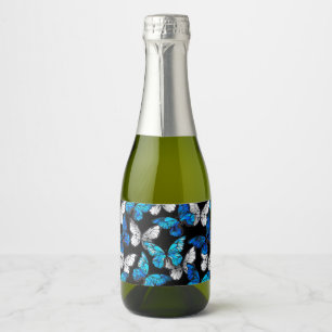 Dark Seamless Pattern with Blue Butterflies Morpho Sparkling Wine Label