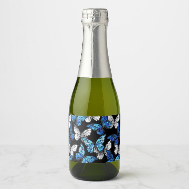 Dark Seamless Pattern with Blue Butterflies Morpho Sparkling Wine Label (Front)
