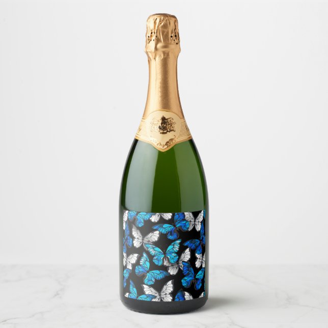 Dark Seamless Pattern with Blue Butterflies Morpho Sparkling Wine Label (Front)