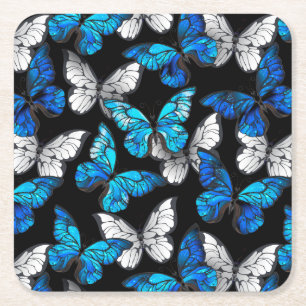 Dark Seamless Pattern with Blue Butterflies Morpho Square Paper Coaster