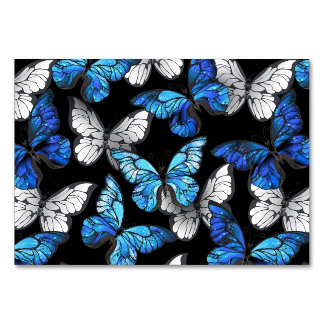 Dark Seamless Pattern with Blue Butterflies Morpho Table Number (Front)