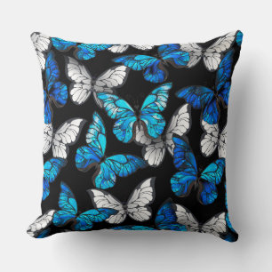 Dark Seamless Pattern with Blue Butterflies Morpho Throw Pillow