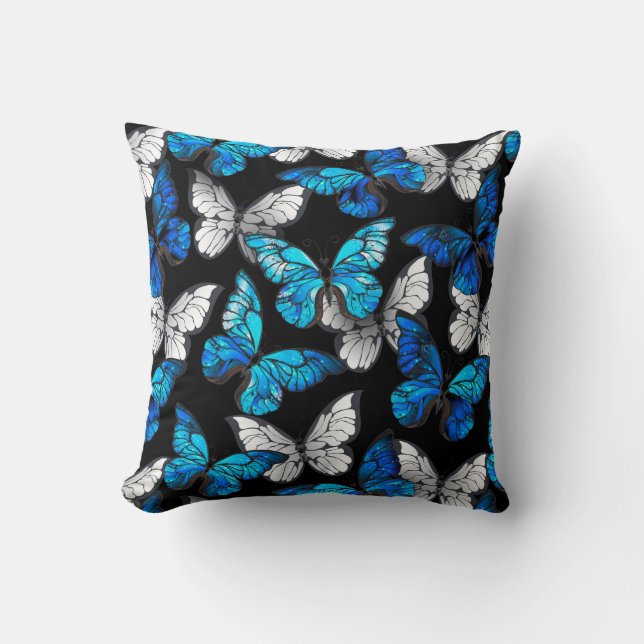 Dark Seamless Pattern with Blue Butterflies Morpho Throw Pillow (Front)