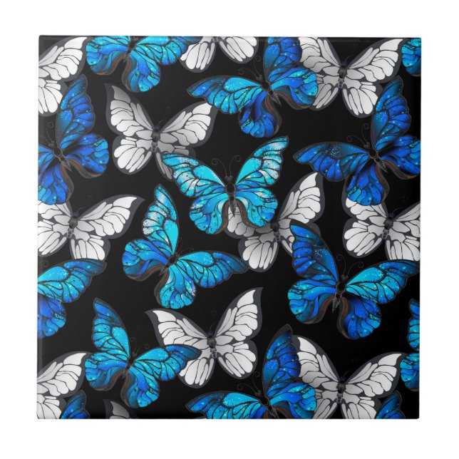 Dark Seamless Pattern with Blue Butterflies Morpho Tile (Front)