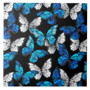 Dark Seamless Pattern with Blue Butterflies Morpho Tile
