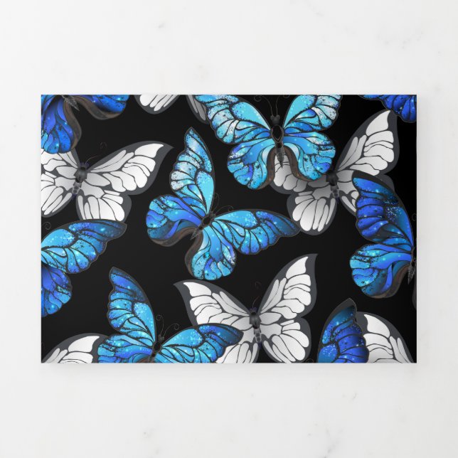 Dark Seamless Pattern with Blue Butterflies Morpho Tri-Fold Holiday Card (Cover)