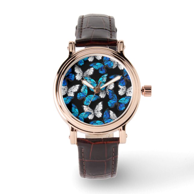 Dark Seamless Pattern with Blue Butterflies Morpho Watch (Front)