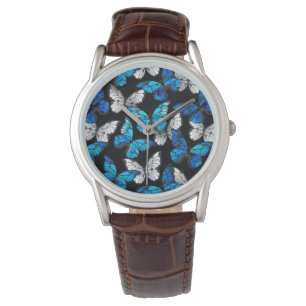 Dark Seamless Pattern with Blue Butterflies Morpho Watch