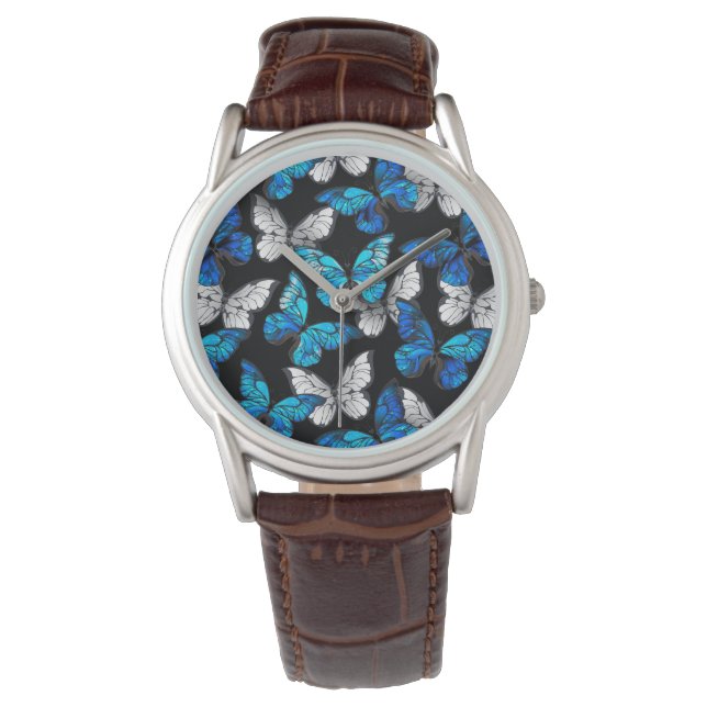 Dark Seamless Pattern with Blue Butterflies Morpho Watch (Front)