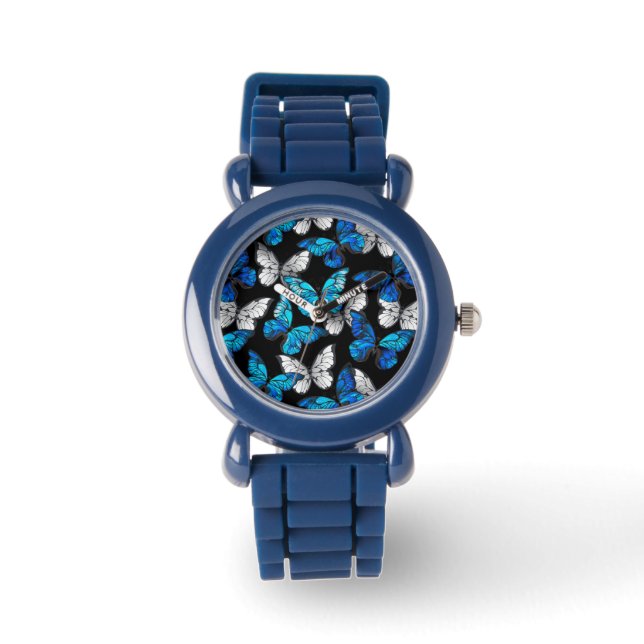 Dark Seamless Pattern with Blue Butterflies Morpho Watch (Front)
