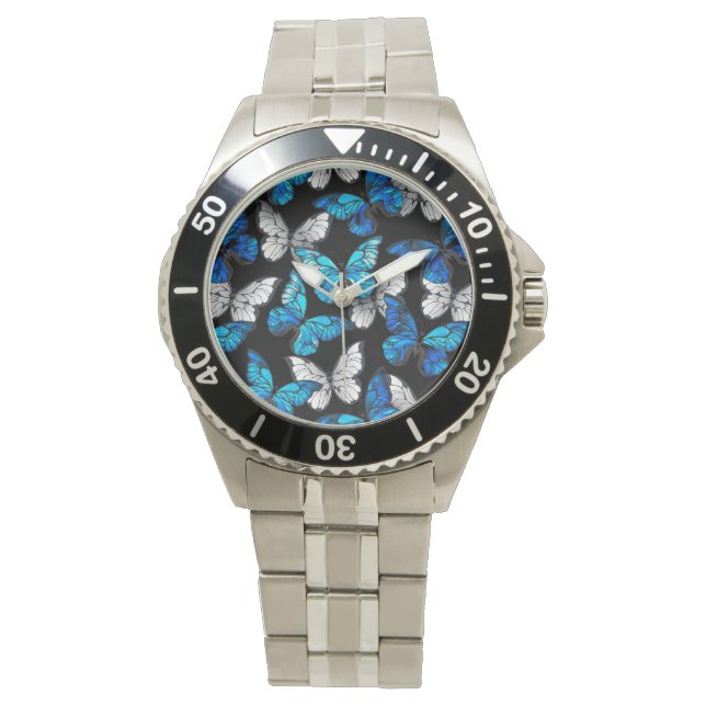 Dark Seamless Pattern with Blue Butterflies Morpho Watch (Front)