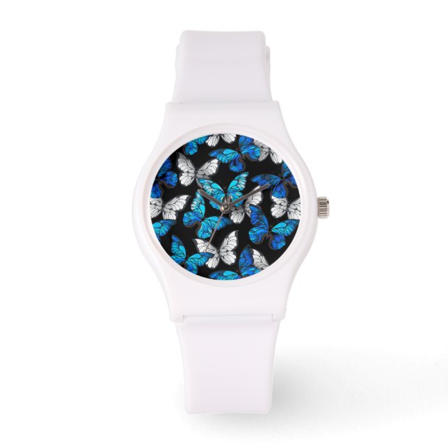 Dark Seamless Pattern with Blue Butterflies Morpho Watch (Front)