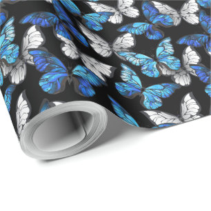 Dark Seamless Pattern with Blue Butterflies Morpho Wrapping Paper