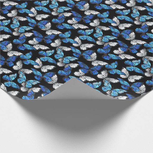 Dark Seamless Pattern with Blue Butterflies Morpho Wrapping Paper (Corner)