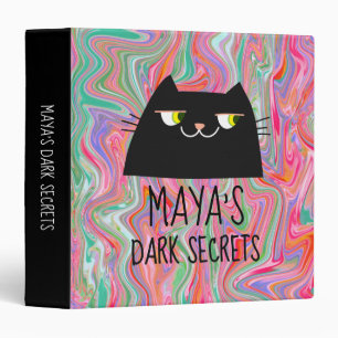 Dark Secrets , Funny Black Cat Pink Artsy Pattern Binder