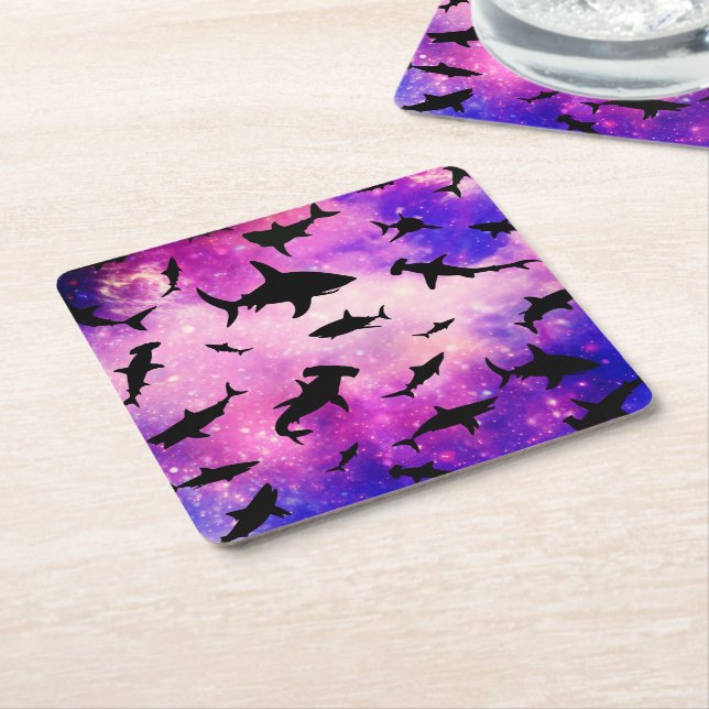 Dark shadow fish shark on gradient galaxy Space Square Paper Coaster (Angled)