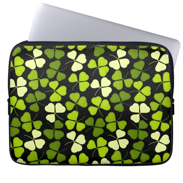Dark Shamrock Pattern Green & Black Laptop Sleeve (Front)