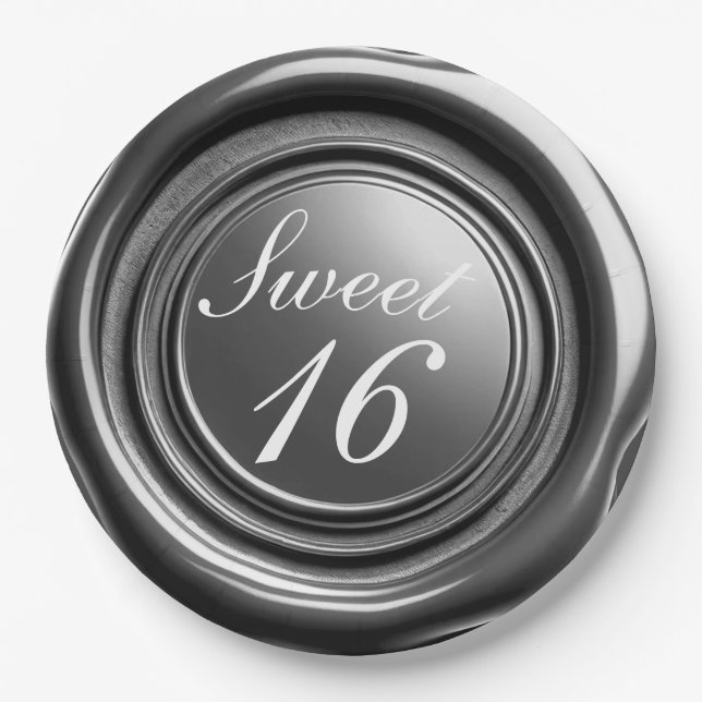 Dark Silver Candle Wax Seal Drip Sweet 16 Wedding Paper Plate (Front)