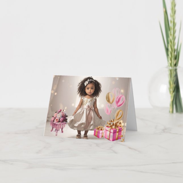 Dark Skin Curly Hair Girl's Birthday Card (Front)