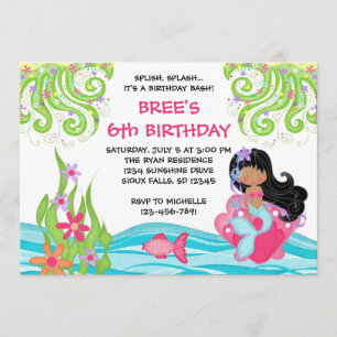 Dark Skin Mermaid Birthday Invitations