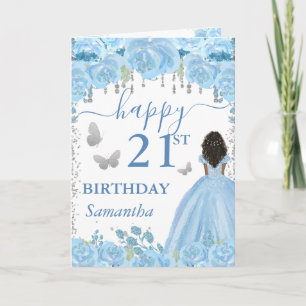 Dark Skin Princess Blue Dress Birthday Card