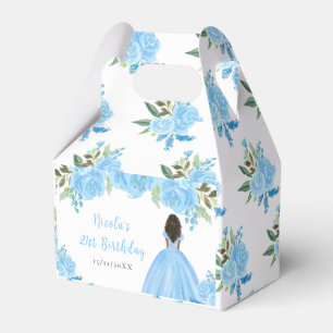 Dark Skin Princess Blue Floral Birthday Party Favor Box