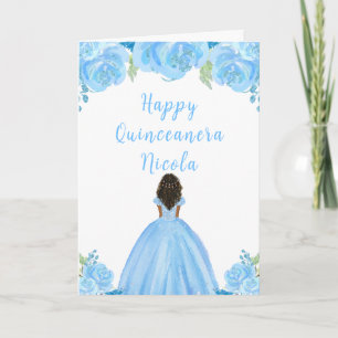 Dark Skin Princess Blue Floral Quinceanera Card