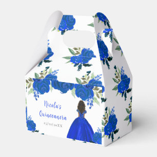 Dark Skin Princess Blue Floral Quinceanera Favor Box
