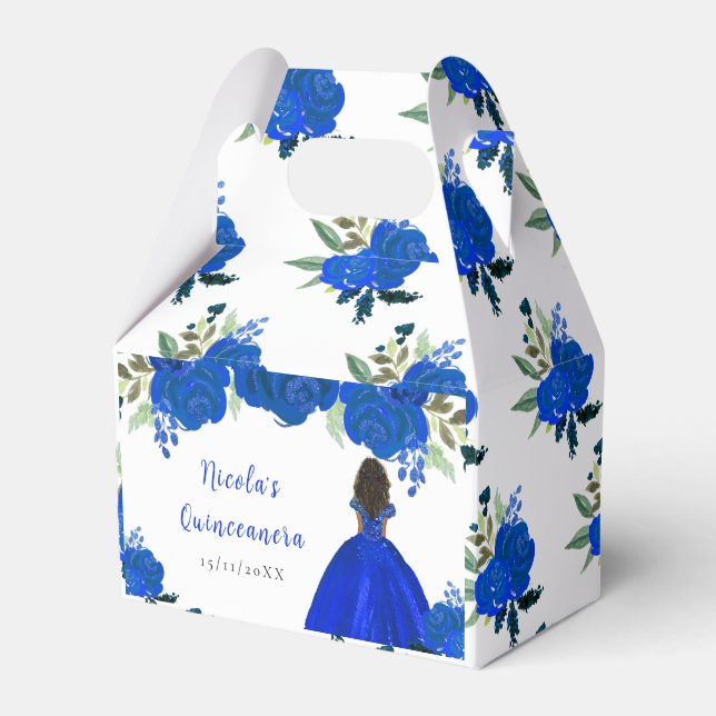 Dark Skin Princess Blue Floral Quinceanera Favor Box (Front Side)