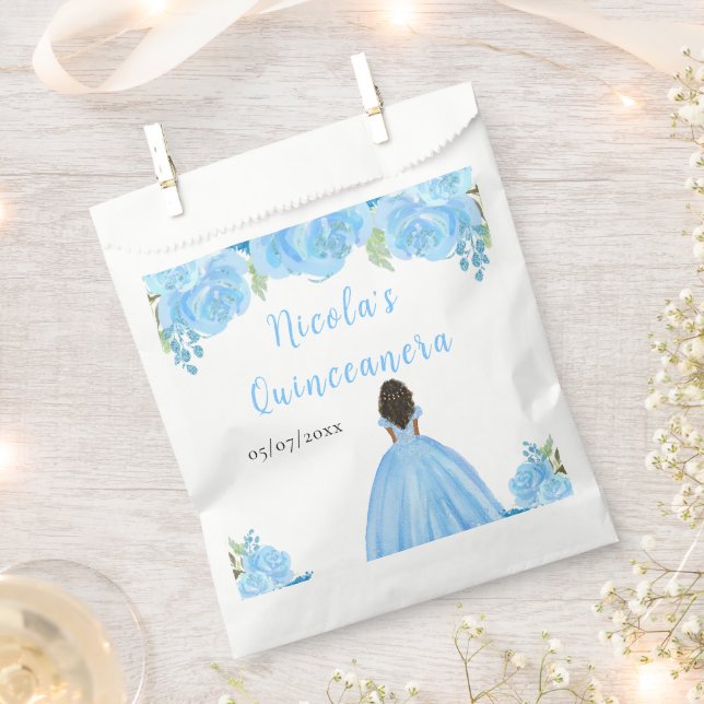 Dark Skin Princess Blue Floral Quinceanera Favour Bag (Clipped)