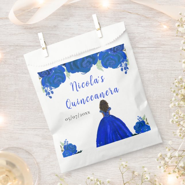 Dark Skin Princess Blue Floral Quinceanera Favour Bag (Clipped)