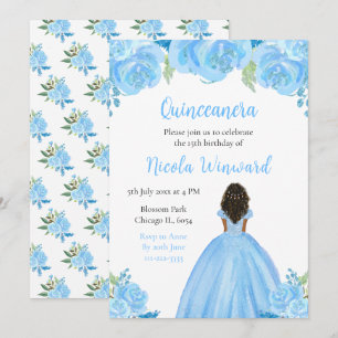 Dark Skin Princess Blue Floral Quinceanera Invitation