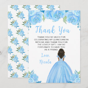 Dark Skin Princess Blue Floral Quinceanera Thank You Card
