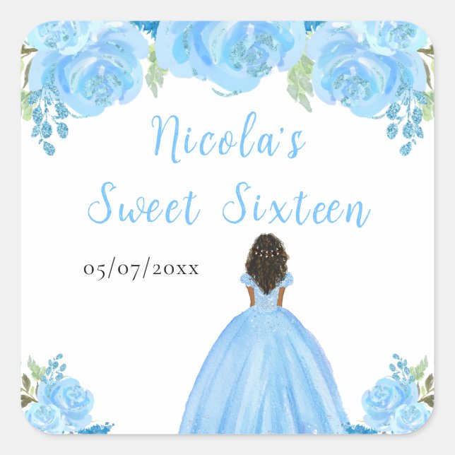 Dark Skin Princess Blue Floral Sweet Sixteen Square Sticker (Front)