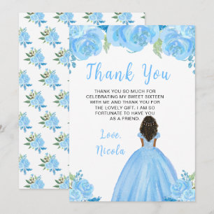 Dark Skin Princess Blue Floral Sweet Sixteen Thank You Card