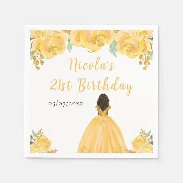 Dark Skin Princess Gold Floral Birthday Party Napkin (Front)