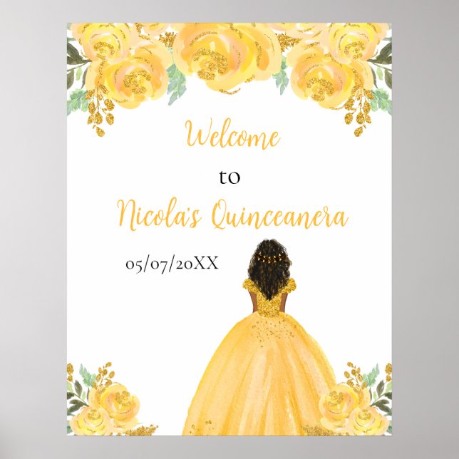 Dark Skin Princess Gold Quinceanera Welcome Poster (Front)