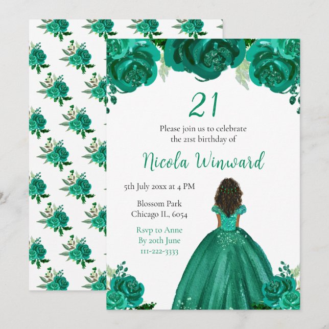 Dark Skin Princess Green Floral Birthday Party Invitation (Front/Back)