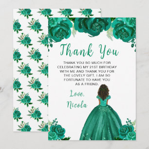 Dark Skin Princess Green Floral Birthday Party Thank You Card