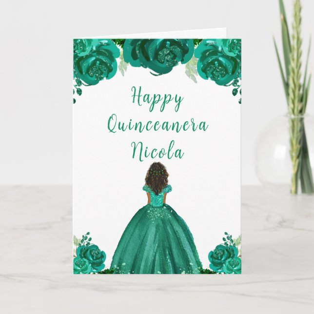 Dark Skin Princess Green Floral Quinceanera Card (Front)