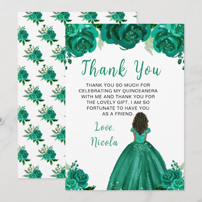 Dark Skin Princess Green Floral Quinceanera Thank You Card (Front/Back)