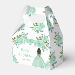 Dark Skin Princess Mint Floral Birthday Party Favor Box