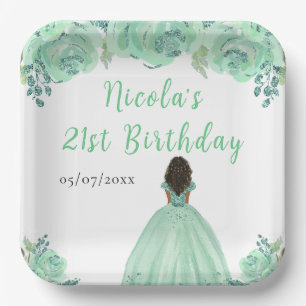 Dark Skin Princess Mint Floral Birthday Party Paper Plate