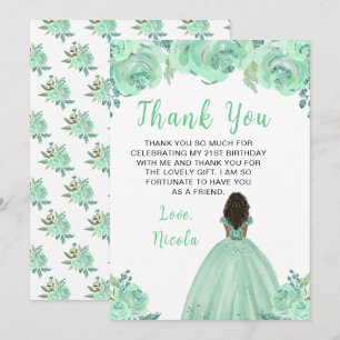 Dark Skin Princess Mint Floral Birthday Party Thank You Card