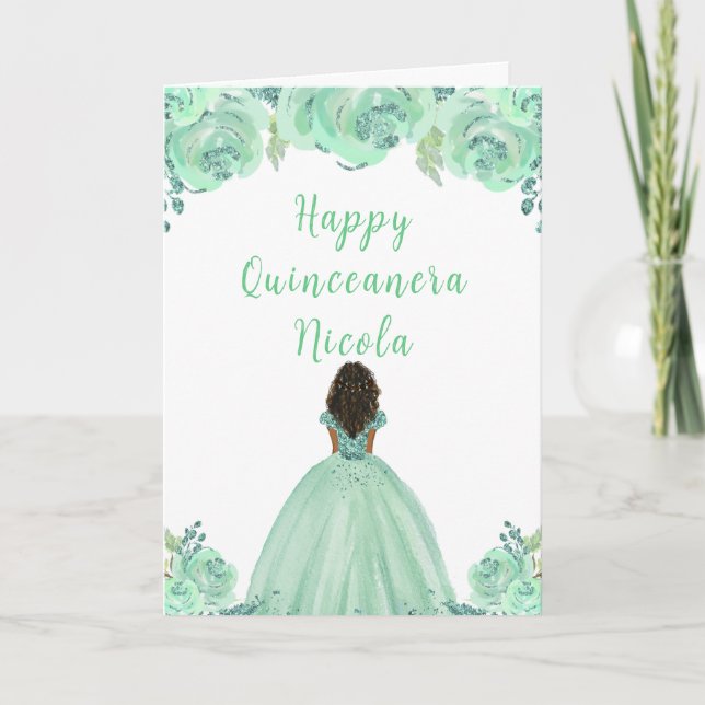 Dark Skin Princess Mint Floral Quinceanera Card (Front)