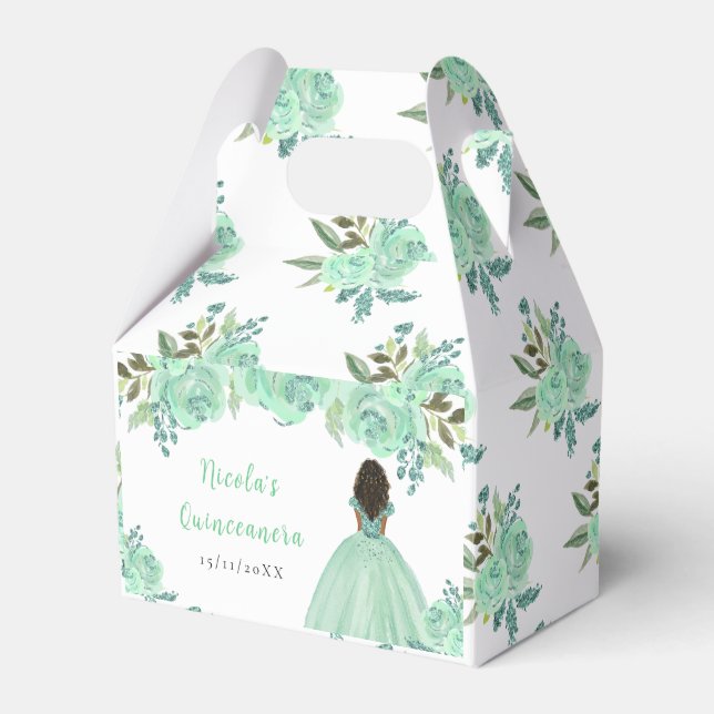 Dark Skin Princess Mint Floral Quinceanera Favor Box (Front Side)