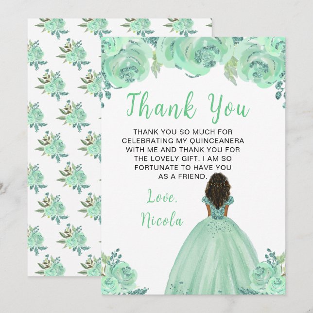 Dark Skin Princess Mint Floral Quinceanera Thank You Card (Front/Back)